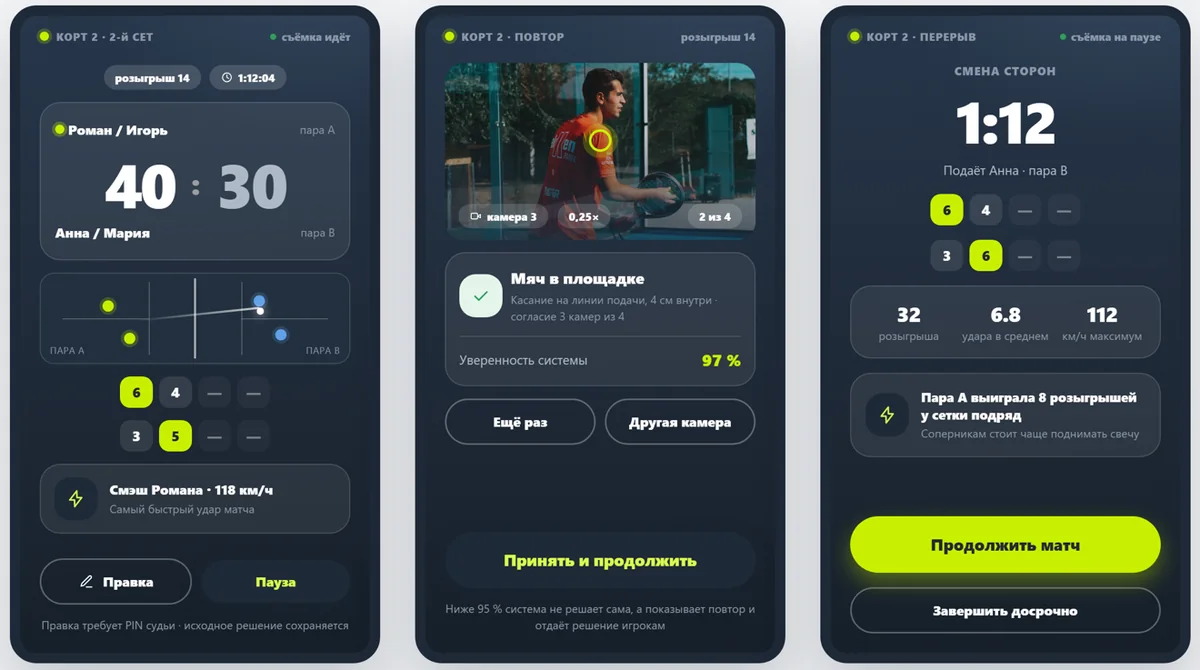 شاشات المباراة: النتيجة المباشرة، وإعادة اللقطة المتنازع عليها، وتبديل الجهتين